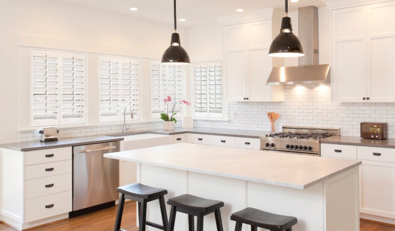 Plantation shutters in a bright Fort Myers kitchen.